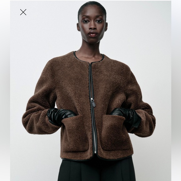 ZARA JACKET WITH FAUX SHEARLING BROWN BLACK XS SHERPA TEDDY COAT FAUX LEATHER - Picture 2 of 10